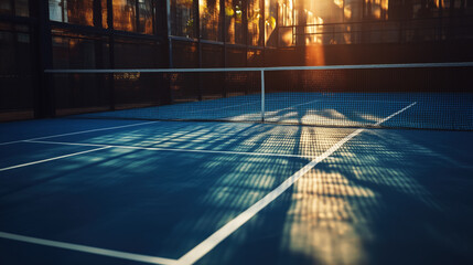 Minimalist shot padel court sunrise soft shadows tranquil atmosphere