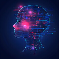 Fototapete - A digital abstract background with glowing blue and purple connections forms the shape of an AI brain on a dark gradient, ideal for tech presentations and social network banners.