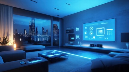 Poster - The living room features sleek smart lighting, touch panels, and a stunning city view through large windows, creating a relaxing atmosphere. Generative AI
