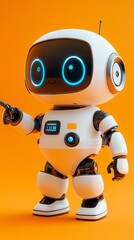 Aufkleber - A cute, white robot with blue eyes points with one finger towards the right. The robot is standing on an orange background.