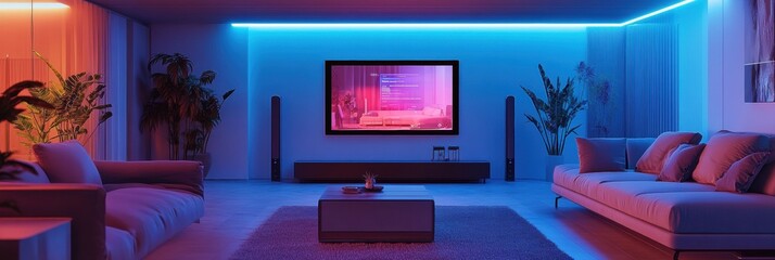 Poster - A stylish living room showcases vibrant ambient smart lighting, creating an inviting atmosphere, with sleek touch panels across the space. Generative AI