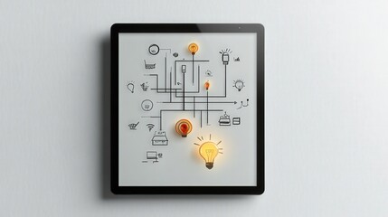 Poster - Innovative Concept of Digital Solutions and Bright Ideas Represented on a Tablet, Featuring Illustrations of Technology, Light Bulbs, and Creative Thinking Elements