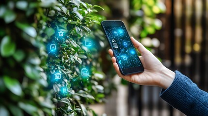 Aufkleber - A hand holding a smartphone with digital security icons displayed in front of a green foliage background.