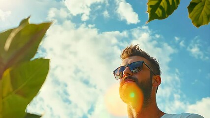 Wall Mural - Tanned man with a beard standing outdoors, in front of green plants and the sky, reflecting thoughtfully, soft daylight,