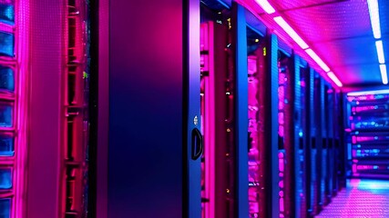 Rows of server racks in a data center with pink and blue neon lights.