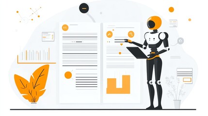 Fototapete - A robot with a laptop is presenting a data analysis report to a team.