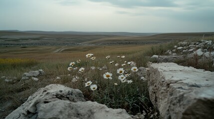 Wall Mural - Wild daisies dance in the soft breeze, set against a sprawling field of open plains beneath a muted sky, embodying nature's quietude.