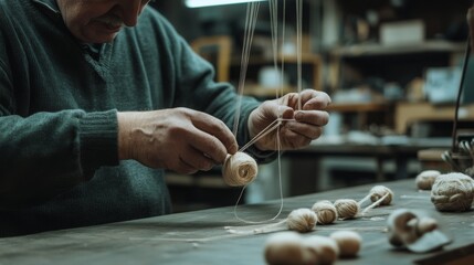 Wall Mural - A craftsman skillfully winds twine in a workshop, a testament to focus and artisanal dedication, surrounded by rustic charm.