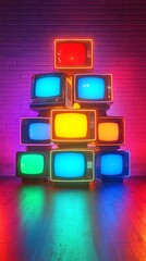 Poster - A stack of retro televisions with neon lights against a brick wall.