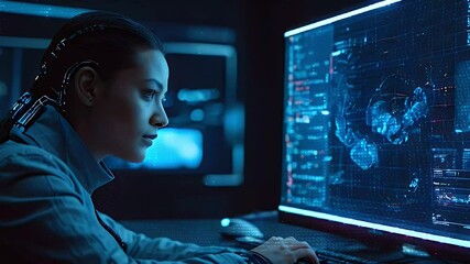 Woman in a dark room looking at data displayed on a large computer screen.