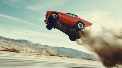 A classic red car speeds through a desert landscape, kicking up dust as it soars mid-air, capturing a thrilling sense of adventure.