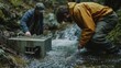 © VK Studio - Two people work alongside a running stream, adjusting a piece of machinery, framed by lush, forested surroundings.