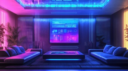 Poster - A sleek modern living room showcases vibrant customizable smart lighting, creating a relaxing ambiance with interactive touch panels. Generative AI