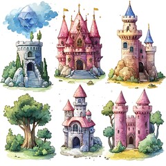 Wall Mural - Watercolor Illustration of a Fantasy Castle with Different Buildings and Trees.