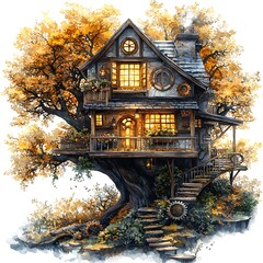 Wall Mural - Cozy Treehouse with Autumn Foliage and a Whimsical Design.