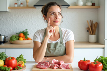 a housewife woman in the kitchen is thoughtful about what to cook, vegetables and meat are on the table