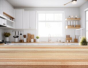 Wall Mural - Wooden table at blurred kitchen background.