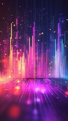Leinwandbilder - Abstract neon city skyline with glowing lines and particles.