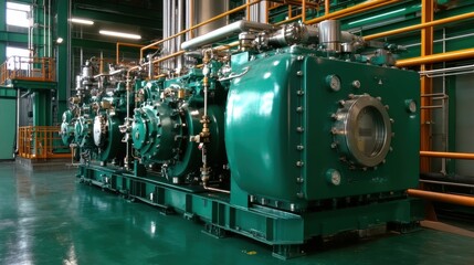 A series of large green industrial compressors aligned in a modern manufacturing facility, highlighting power and efficiency. Represents cutting-edge industrial technology.