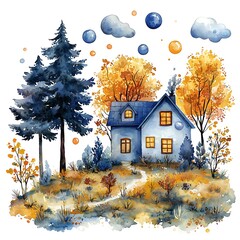 Wall Mural - Watercolor Illustration of a Blue House with Autumn Trees and a Winding Path.