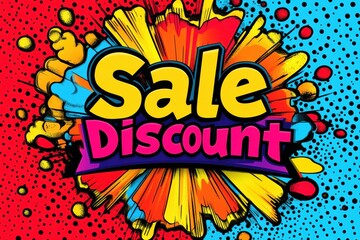 Aufkleber - Bright bursts of color highlight the words Sale and Discount in a playful comic book style, perfect for a dynamic marketing campaign. Generative AI