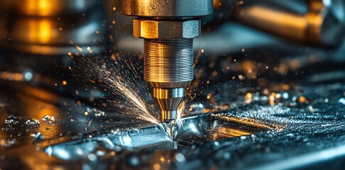 Poster - Close-up of a CNC machine cutting metal with sparks flying.