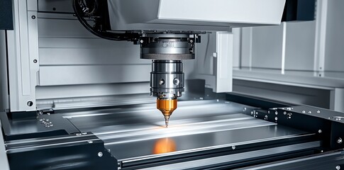 Poster - Close-up of a laser cutting machine with the beam focused on a metal surface.