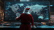 © Ariwasabi - Santa Claus planning his global gift delivery route, analyzing a digital technology world map in a high-tech command center. A blend of Christmas magic and innovation. Image made using Generative AI.
