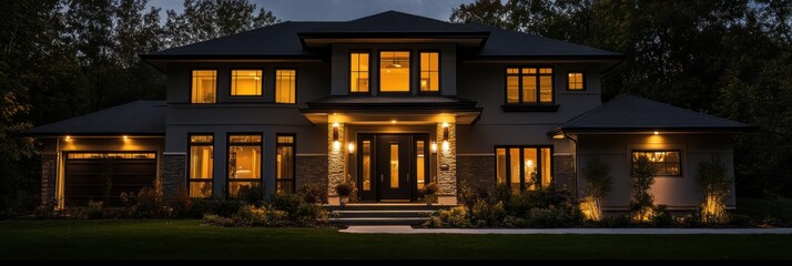 Poster - A sleek, contemporary residence shines in the dark, showcasing illuminated windows and doors from its advanced security system. Generative AI