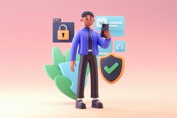 Fototapete - 3D illustration of a man using a secure app on his phone