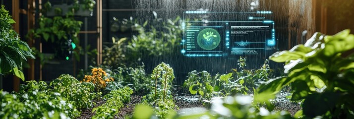 Aufkleber - This smart garden showcases lush plants enhanced by automated sprinklers and advanced soil sensors for optimal growth conditions. Generative AI