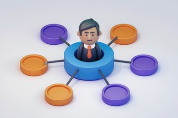 Aufkleber - A 3D illustration of a man connected to six circles.