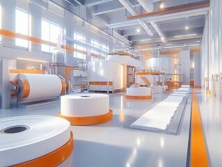 Fototapete - Modern industrial factory with large rolls of paper on the floor and large machines in the background.