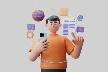 Poster - 3D cartoon man using smartphone with newsletter  email and other communication icons