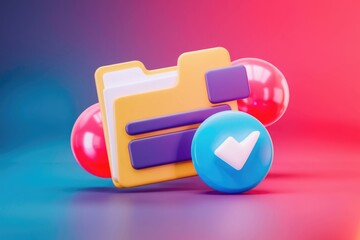 Fototapete - 3D illustration of a yellow folder with a checkmark  indicating completion or confirmation.
