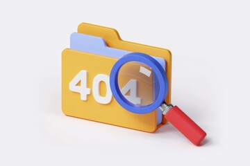 Fototapete - A magnifying glass searches for a missing file  displaying a 404 error.