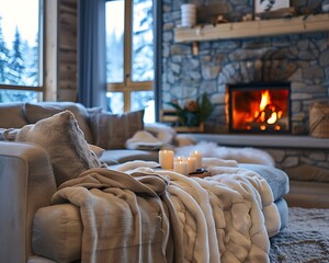 Wall Mural - A cozy winter living room with a stone fireplace plush sofas and warm blankets Designed for comfort and relaxation