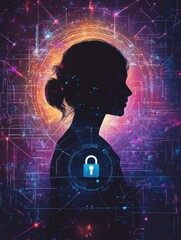 Fototapete - A silhouette stands against a vibrant digital background featuring a lock symbol, highlighting the importance of privacy in AI. Generative AI