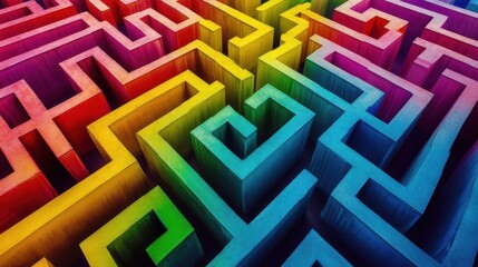 A vibrant, colorful maze design featuring intricate paths in rainbow hues, creating a visually stimulating pattern.
