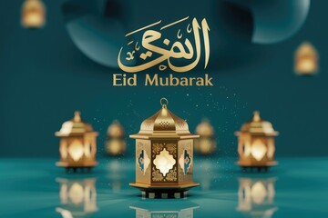 Aufkleber - Eid Mubarak greeting with glowing lanterns and Arabic calligraphy.