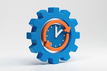 Leinwandbilder - A blue gear with an orange clock and arrows symbolizing time management.