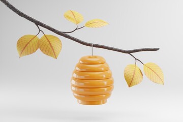 Aufkleber - A yellow honeycomb hanging from a branch with leaves