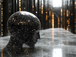 Aufkleber - A metallic, transparent human head with intricate circuitry inside, stands on a reflective surface in a dark, futuristic setting with glowing lines.