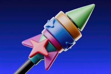 Aufkleber - Colorful 3D rocket with star shapes on blue background
