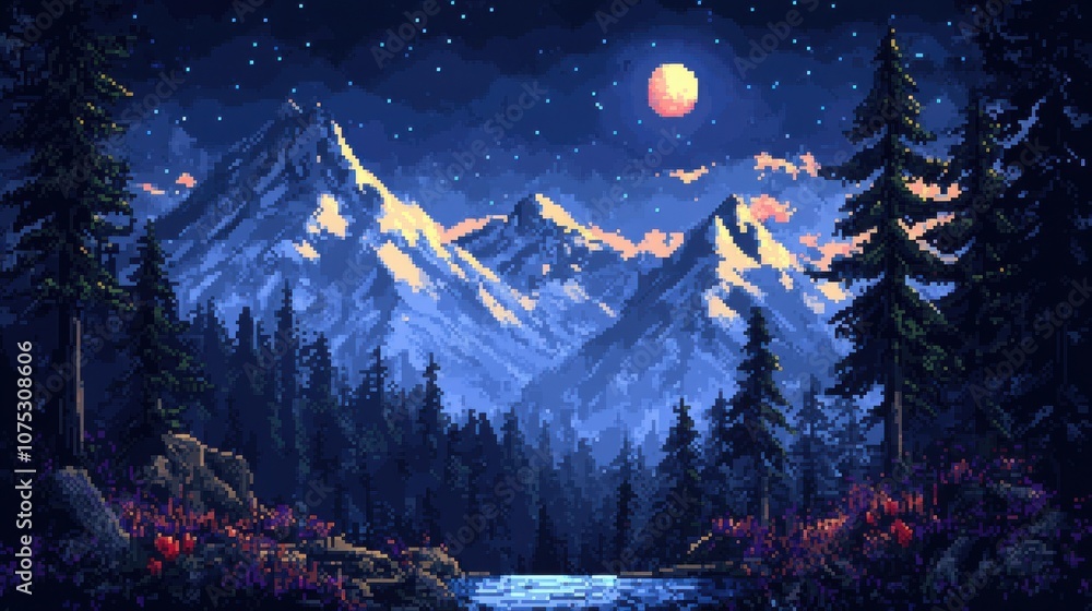 A serene pixel art landscape featuring majestic snow-capped mountains ...