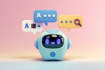 Leinwandbilder - A cute blue robot with speech bubbles and a magnifying glass.