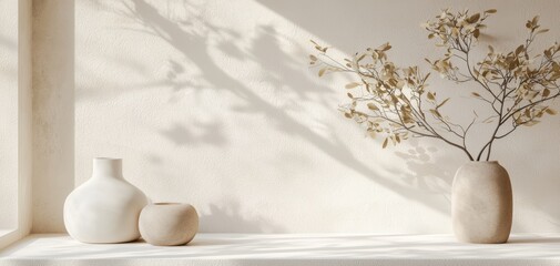 Poster - A serene, minimalist arrangement featuring earthy vases and delicate branches, illuminated by soft light, creating calming shadows on a textured wall.