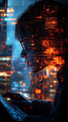 Programmer developing online services with futuristic technology and digital code