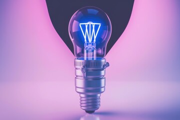Poster - A single light bulb glows with blue light against a pink and purple background.