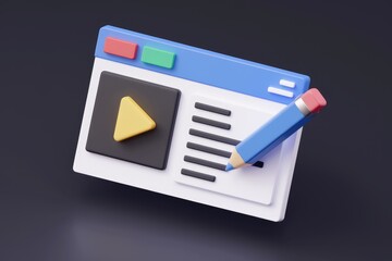 Poster - A 3D illustration of a browser window with a play button and a pencil writing on a text field.